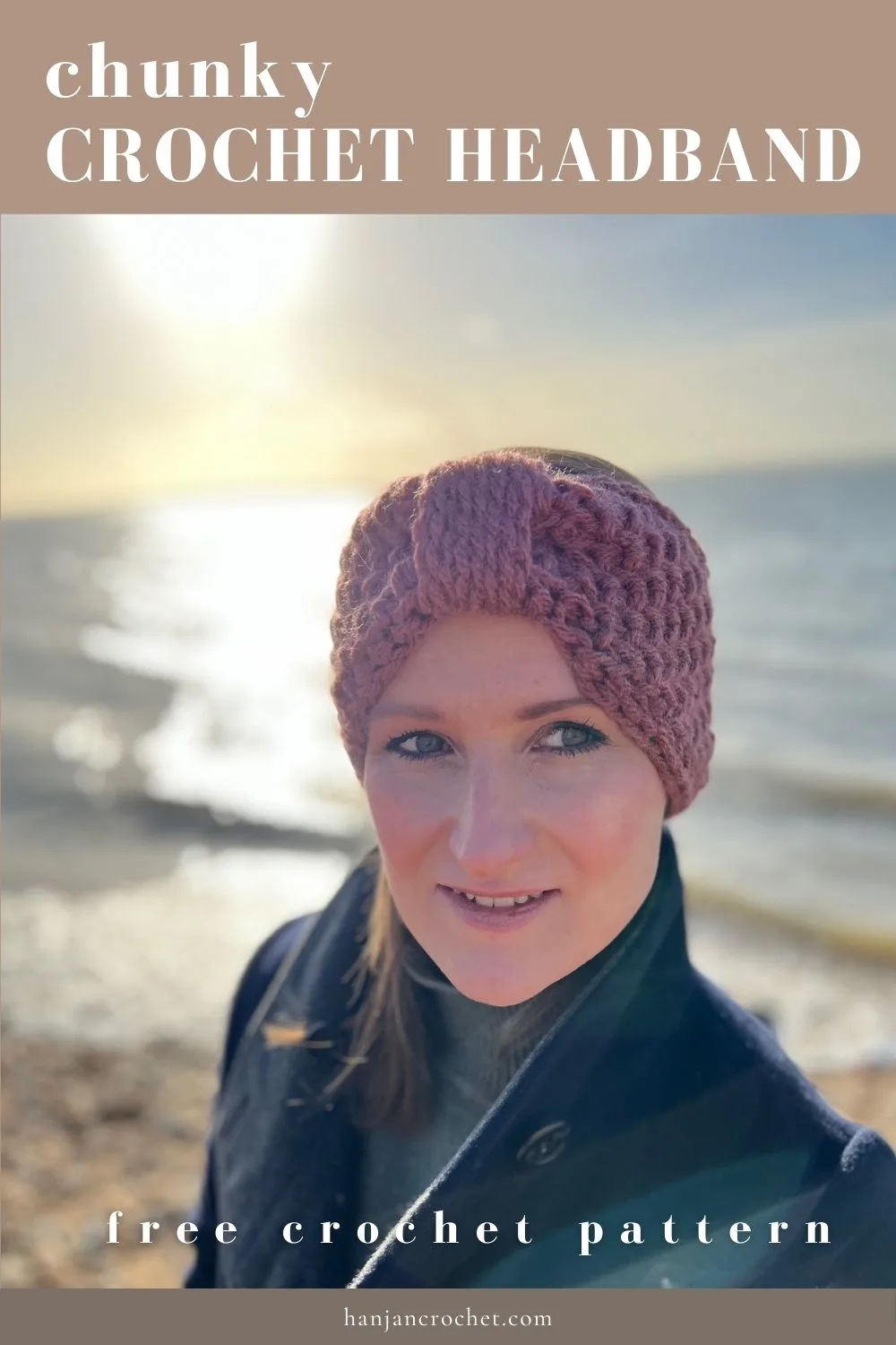 woman standing on the beach wearing chunky crochet headband with gathered middle in a textured crochet stitch