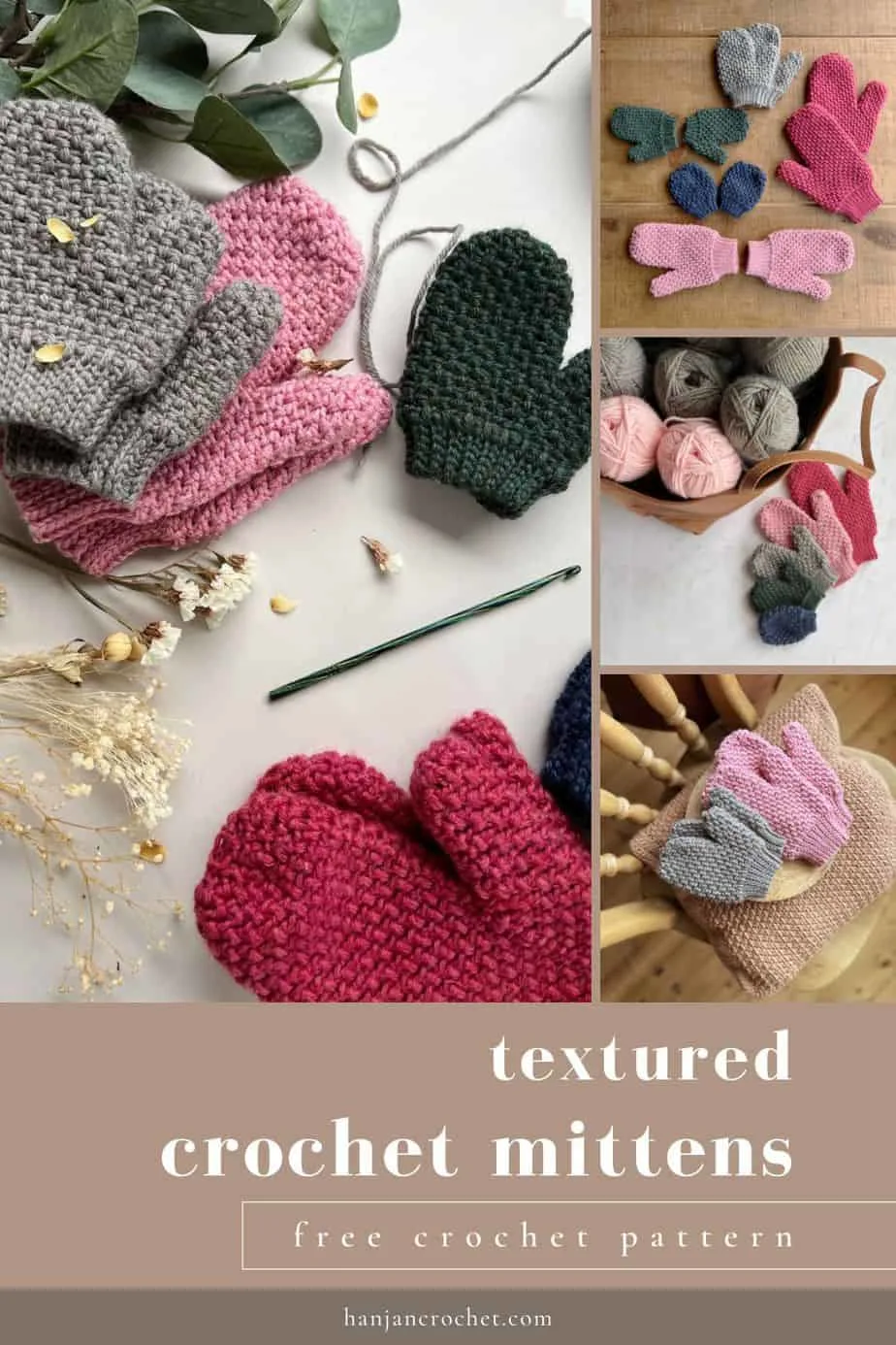 four photos showing crochet mittens in half double crochet herringbone stitch pattern