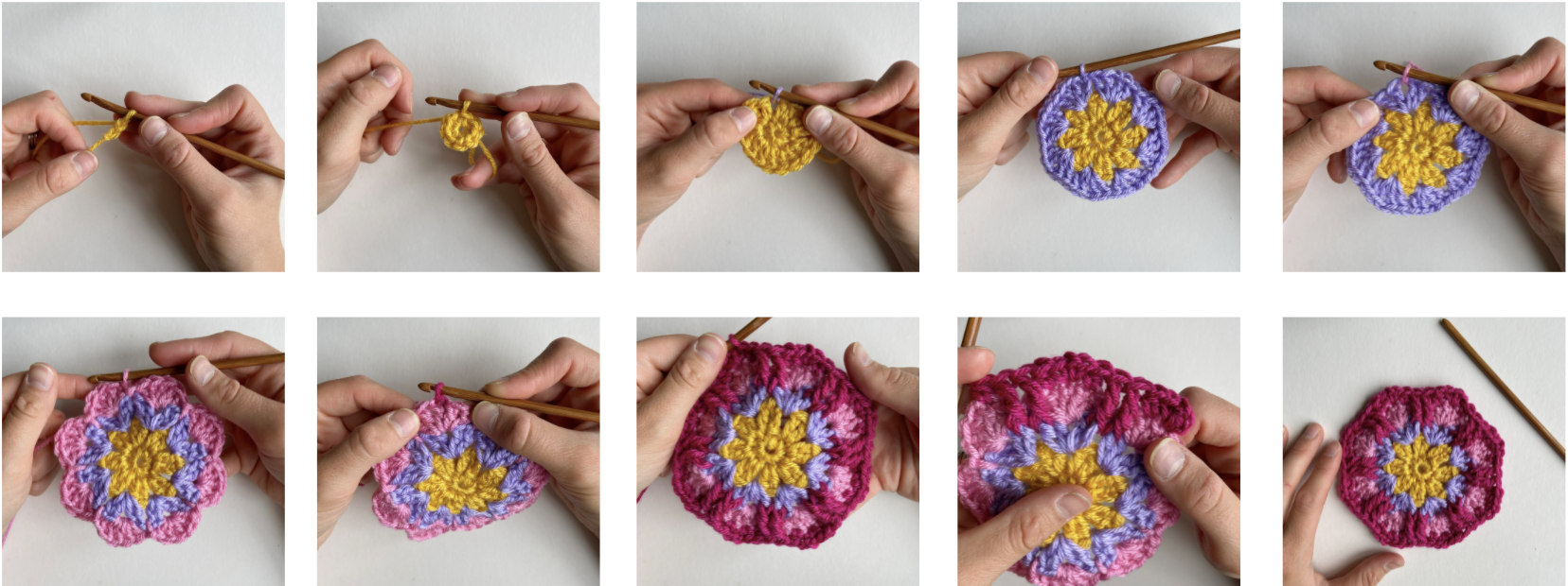 10 step by step images of how to crochet an octagon crochet flower motif