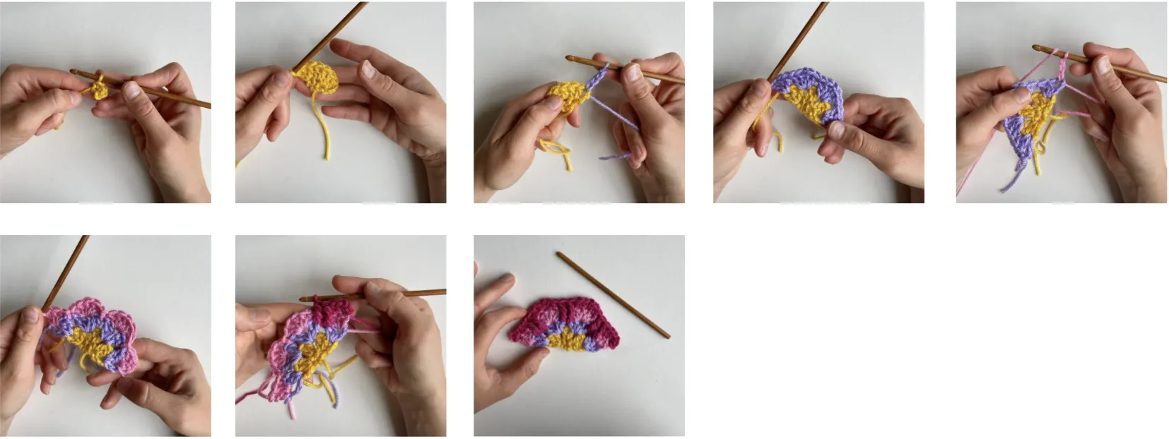 8 step by step photos of how to crochet a half hexagon flower motif.