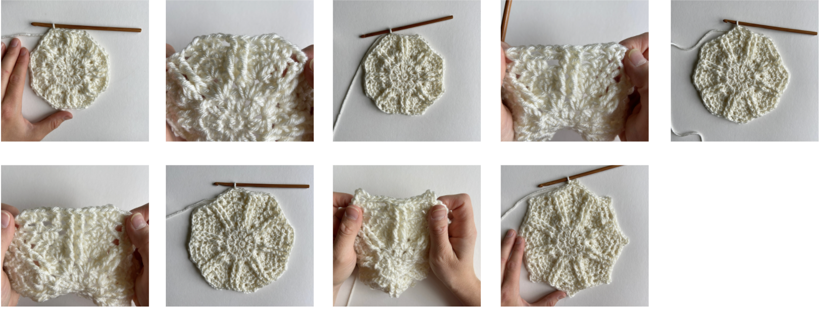 9 step by step images of a crochet octagon motif with front post stitches