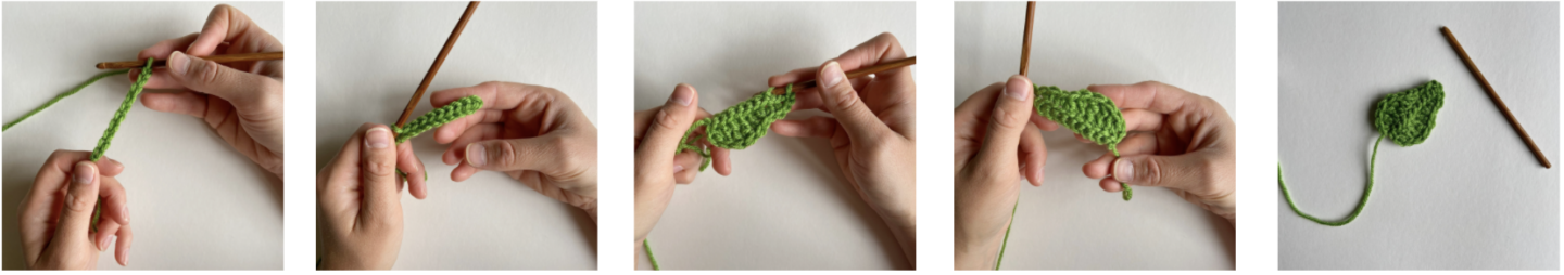 step by step process of making a crochet leaf