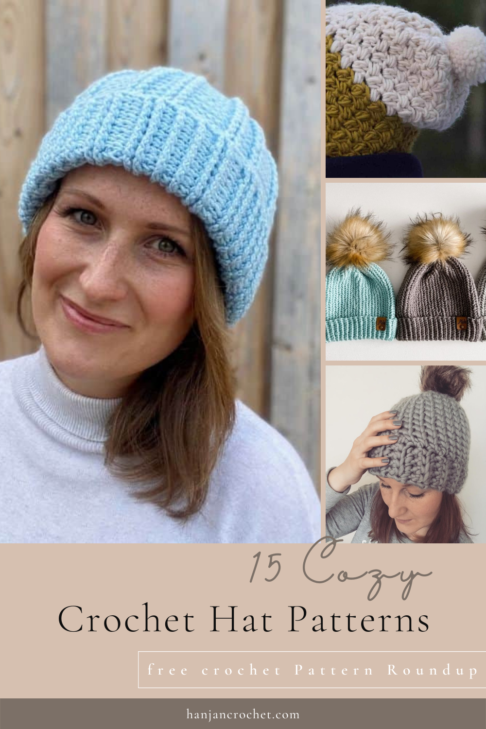 image showing how to crochet a hat with 4 different crochet hat patterns that are cozy and quick