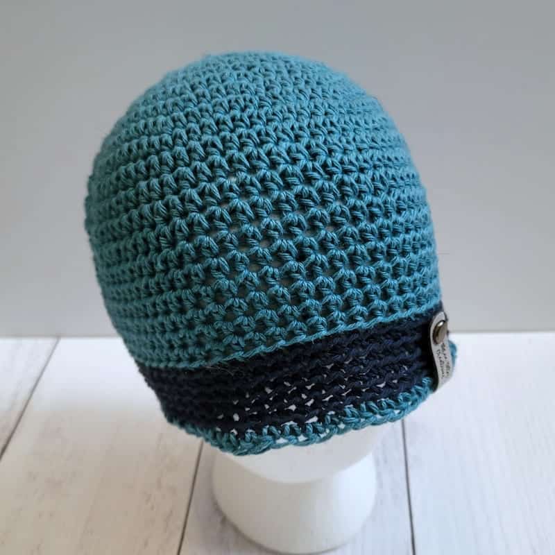 Blue crochet hat.