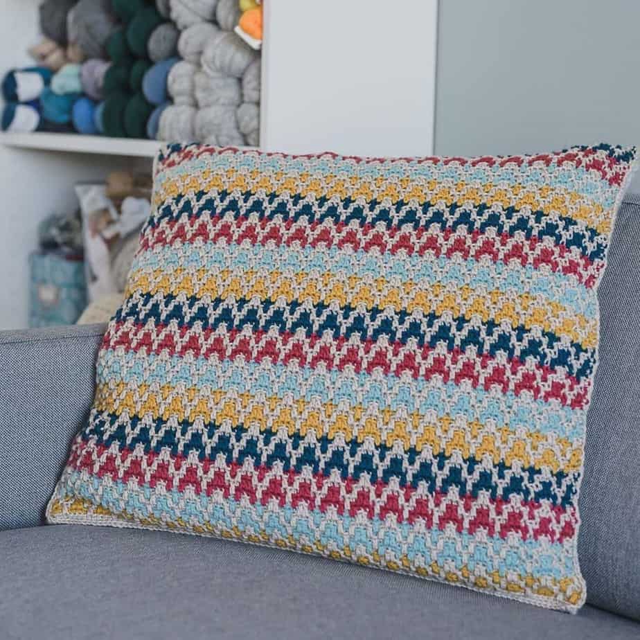 Colorful crocheted pillow.