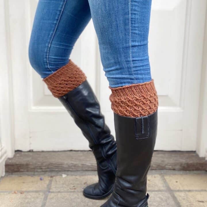 tweed crochet boot cuff worn inside a black knee high boot