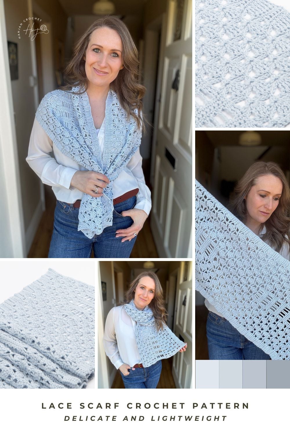 Collage showing a woman modeling a light blue lace crochet scarf with close-up images highlighting the delicate, lightweight pattern of this lacy crochet wrap pattern. Text at the bottom reads "Lace Scarf Crochet Pattern.