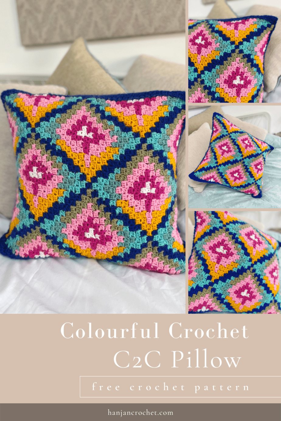 4 images of colourful c2c crochet pillow pattern