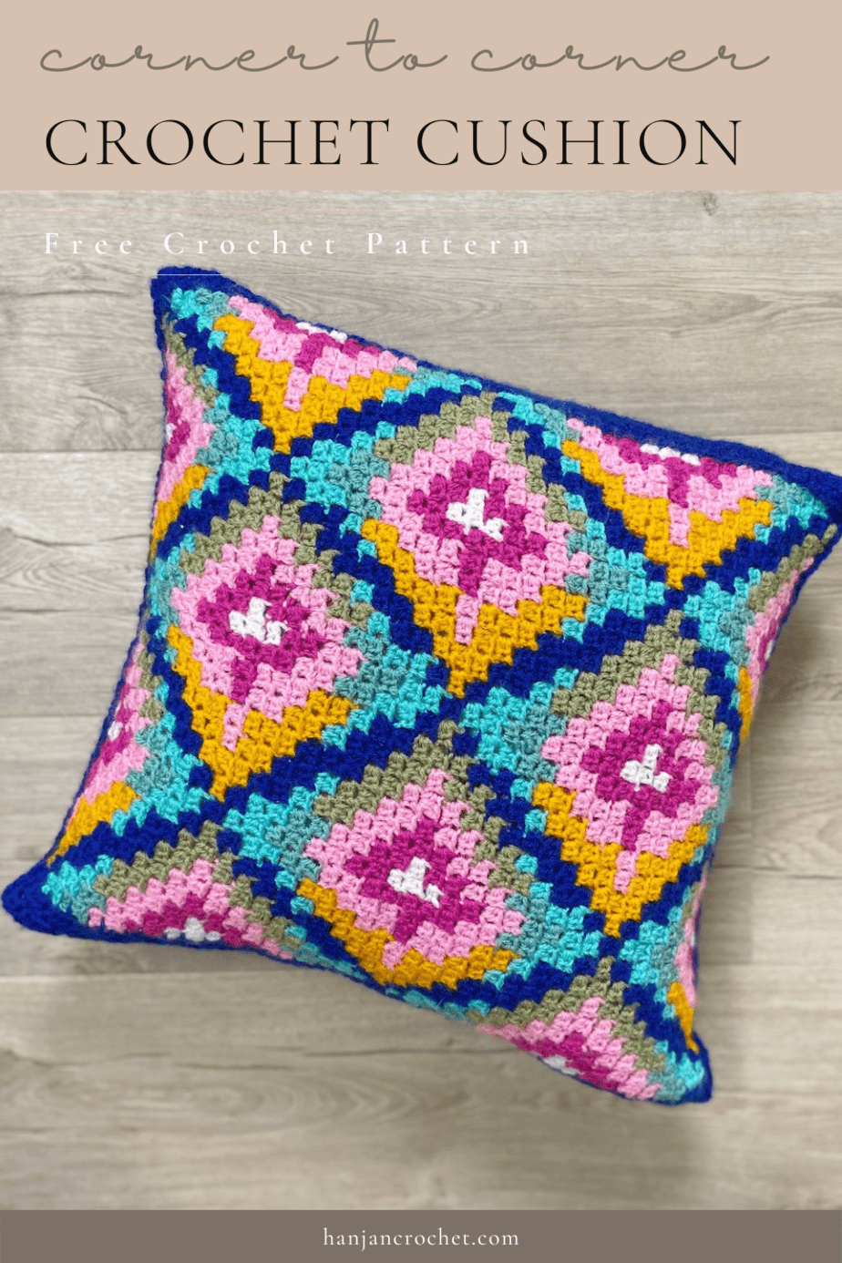 colourful crochet pillow pattern on wooden floor
