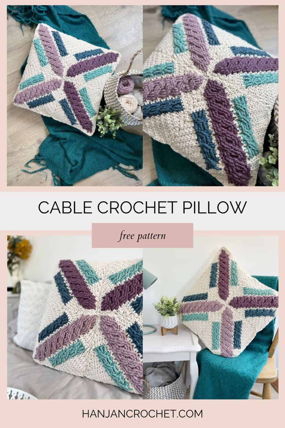 four images showing colourful crochet pillow pattern with advanced cable technique