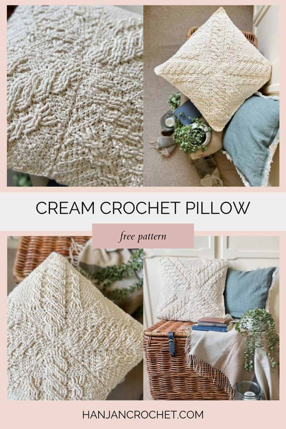 four images of cream boho crochet pillow pattern with cable detail