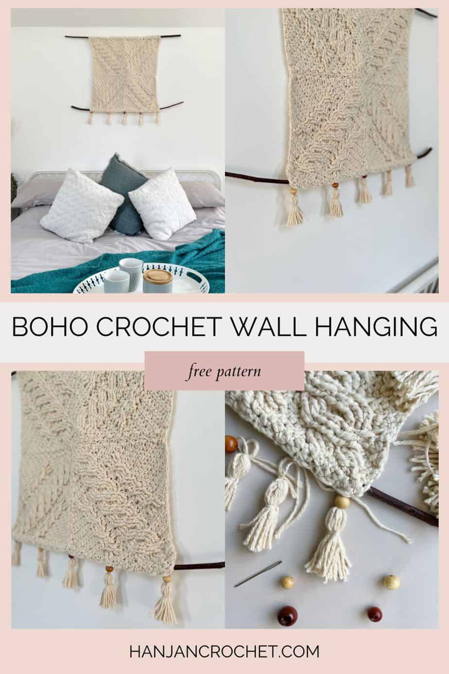 four images showing how to make a crochet wall hanging
