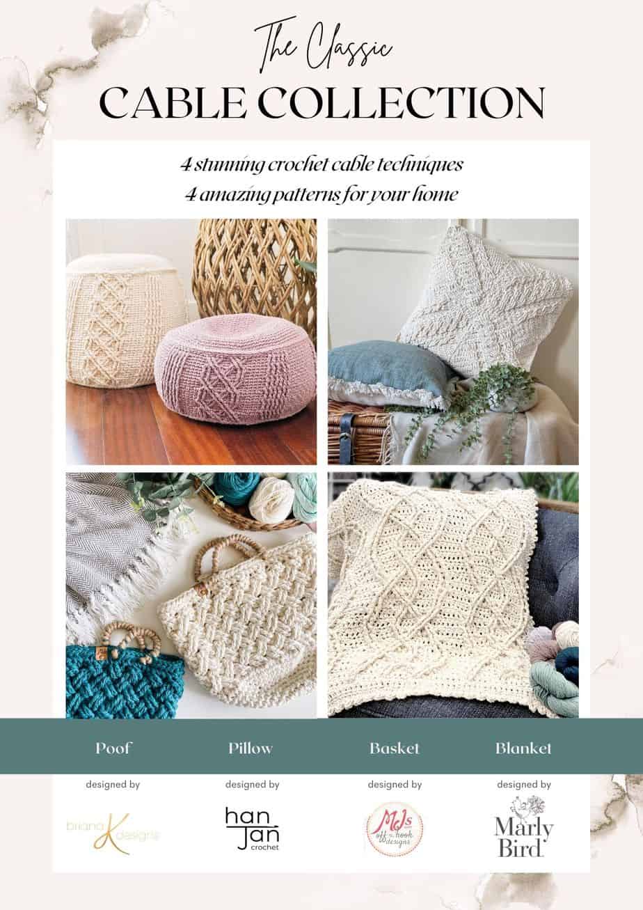 crochet cable pattern ebook with 4 homeware patterns