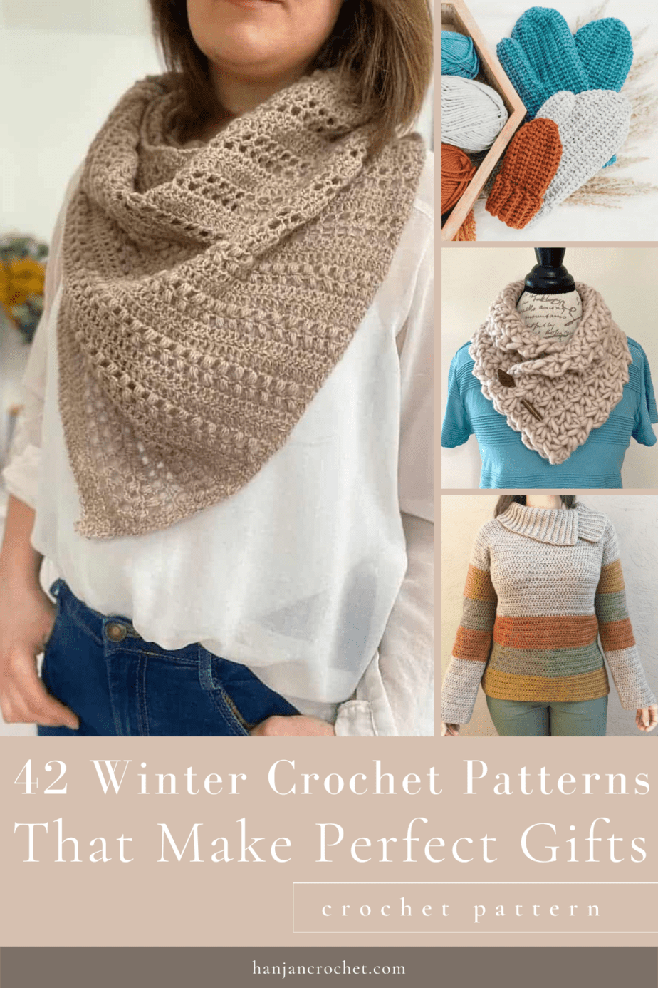 Collage of winter crochet garments: scarf, sweater and mittens.