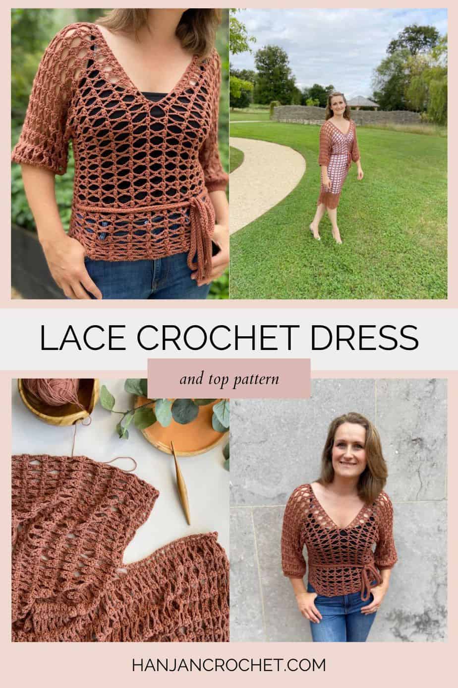 four images of crochet lace dress and summer top design