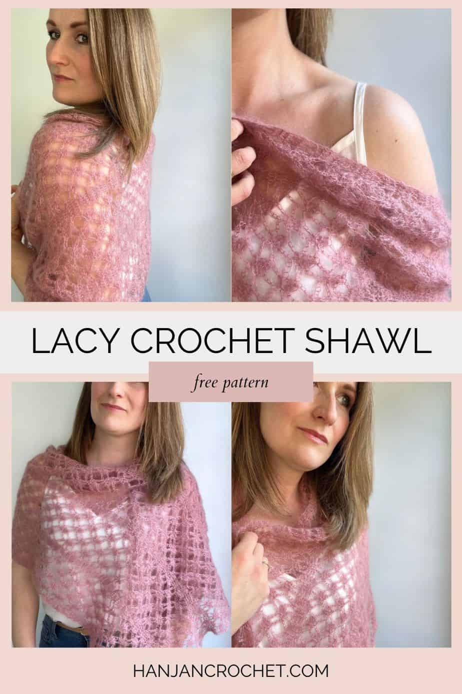 four images showing woman wearing lacy mohair crochet shawl 