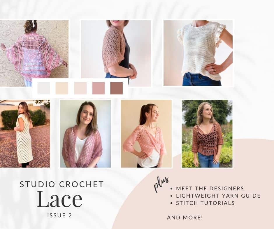 seven images of lace crochet patterns from Studio Crochet digital crochet magazine