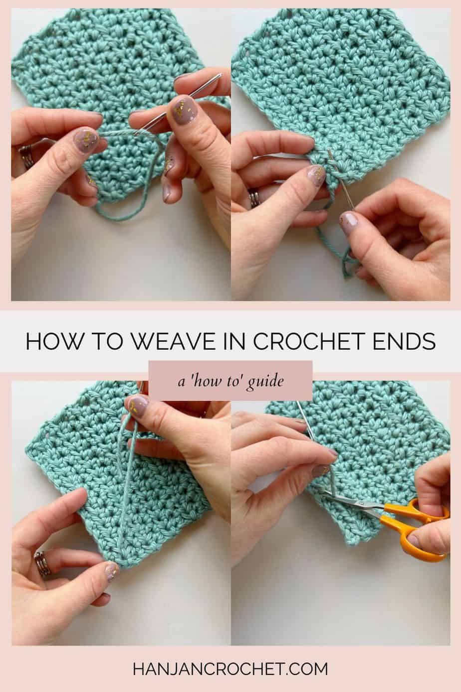 four images showing step by step process of how to weave in ends in crochet