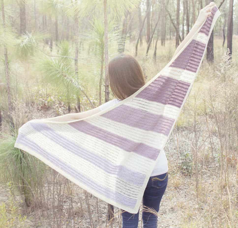 triangular crochet shawl with stripes