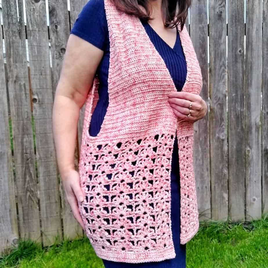 Woman wearing lacy crochet vest top pattern  for summer.
