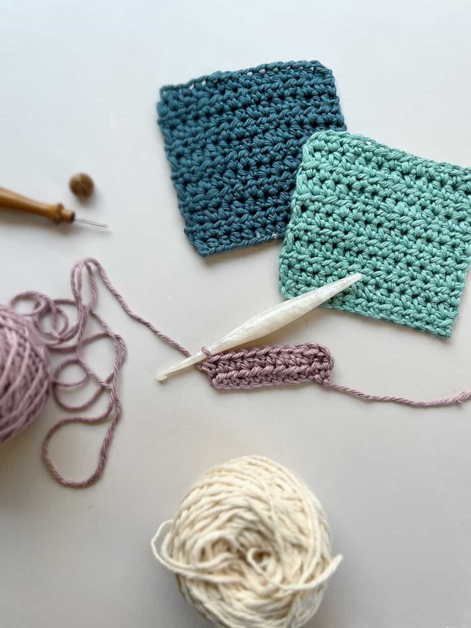 half double crochet stitch being show in 3 different swatches of crochet