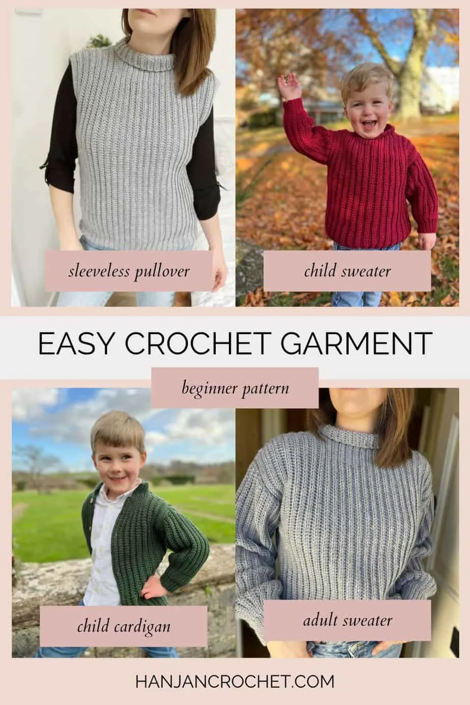 image showing four options of easy crochet garment pattern for beginners