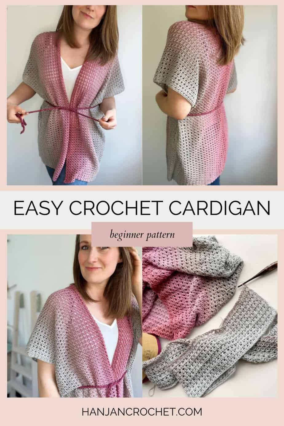 Images of easy summer crochet cardigan pattern in pink and grey ombre yarn.