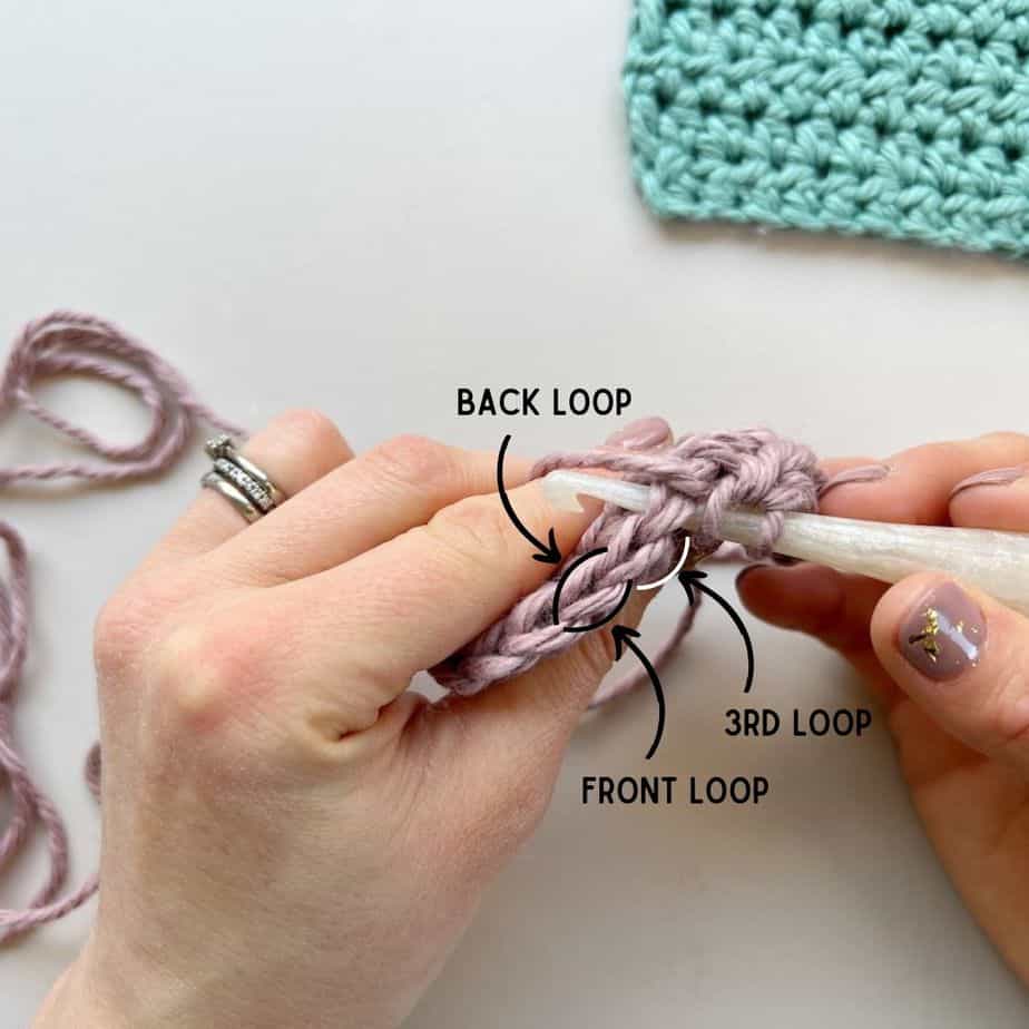 image showing front loop, back loop and third loop of half double crochet stitch