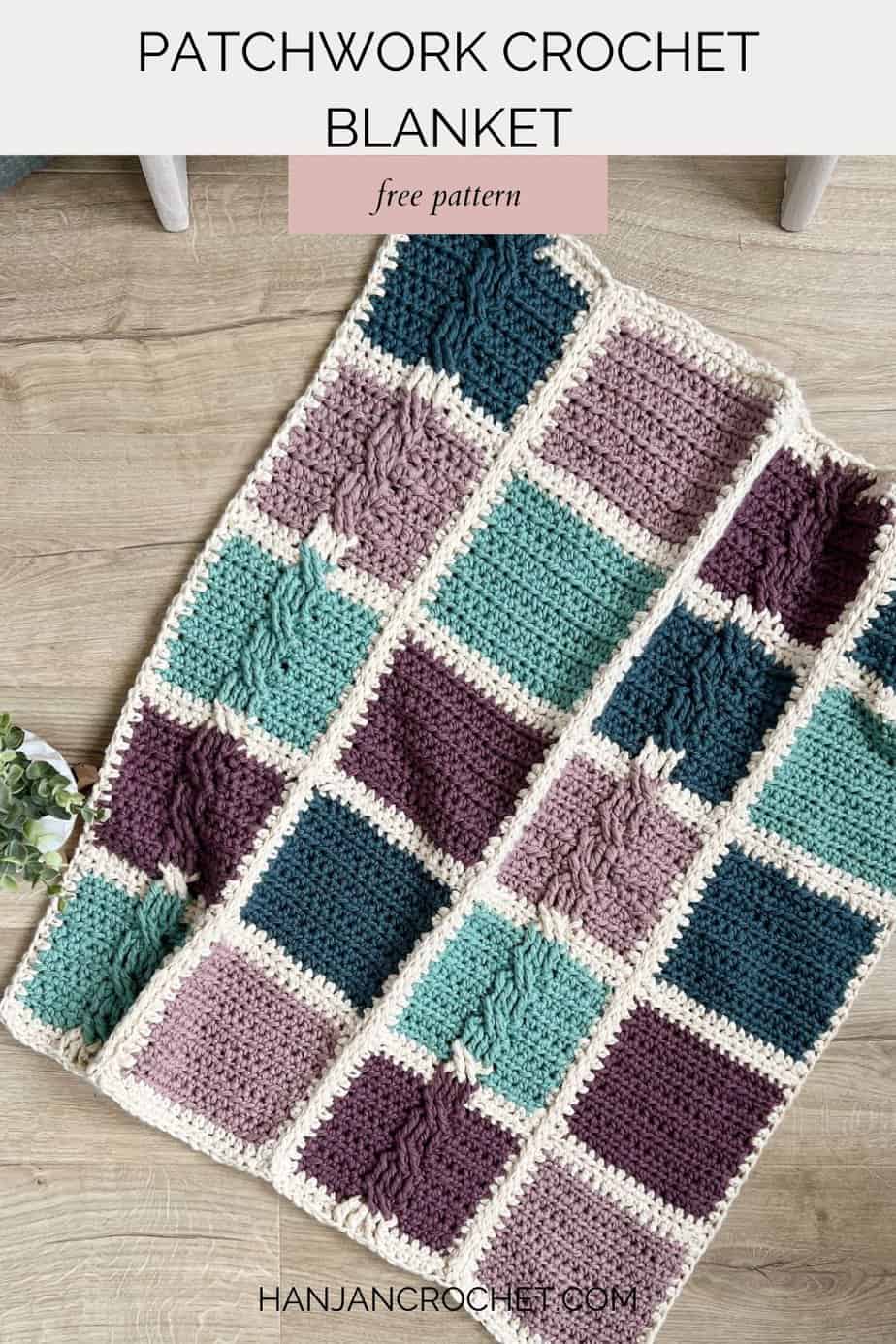 Beginner patchwork crochet blanket in bulky yarn with cable stitch.