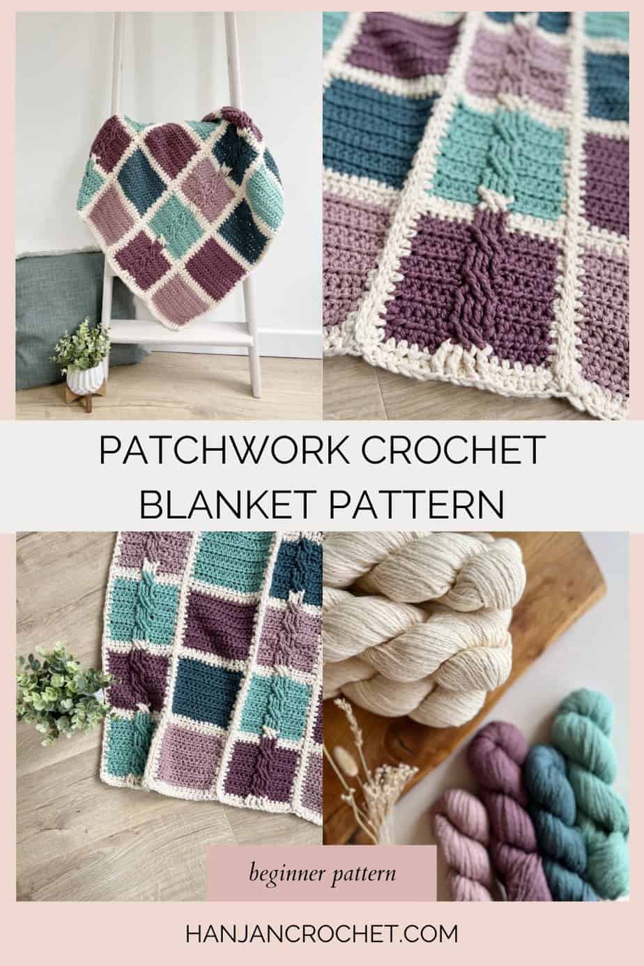 Four images of patchwork crochet blanket pattern with cable stitches.