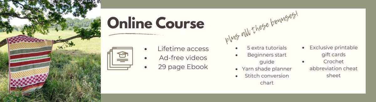 image detailing online crochet course contents.