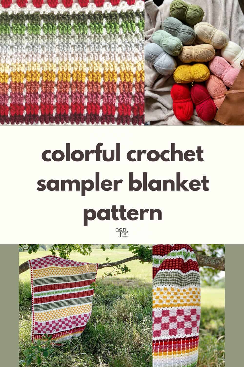 Images of colorful crochet sampler blanket pattern.