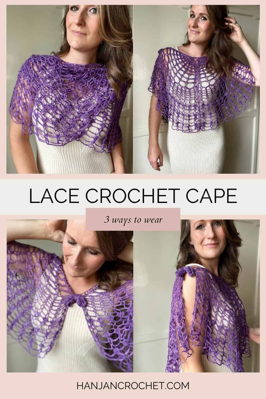 woman wearing purple lace crochet cape pattern as a shawl, cape and poncho top