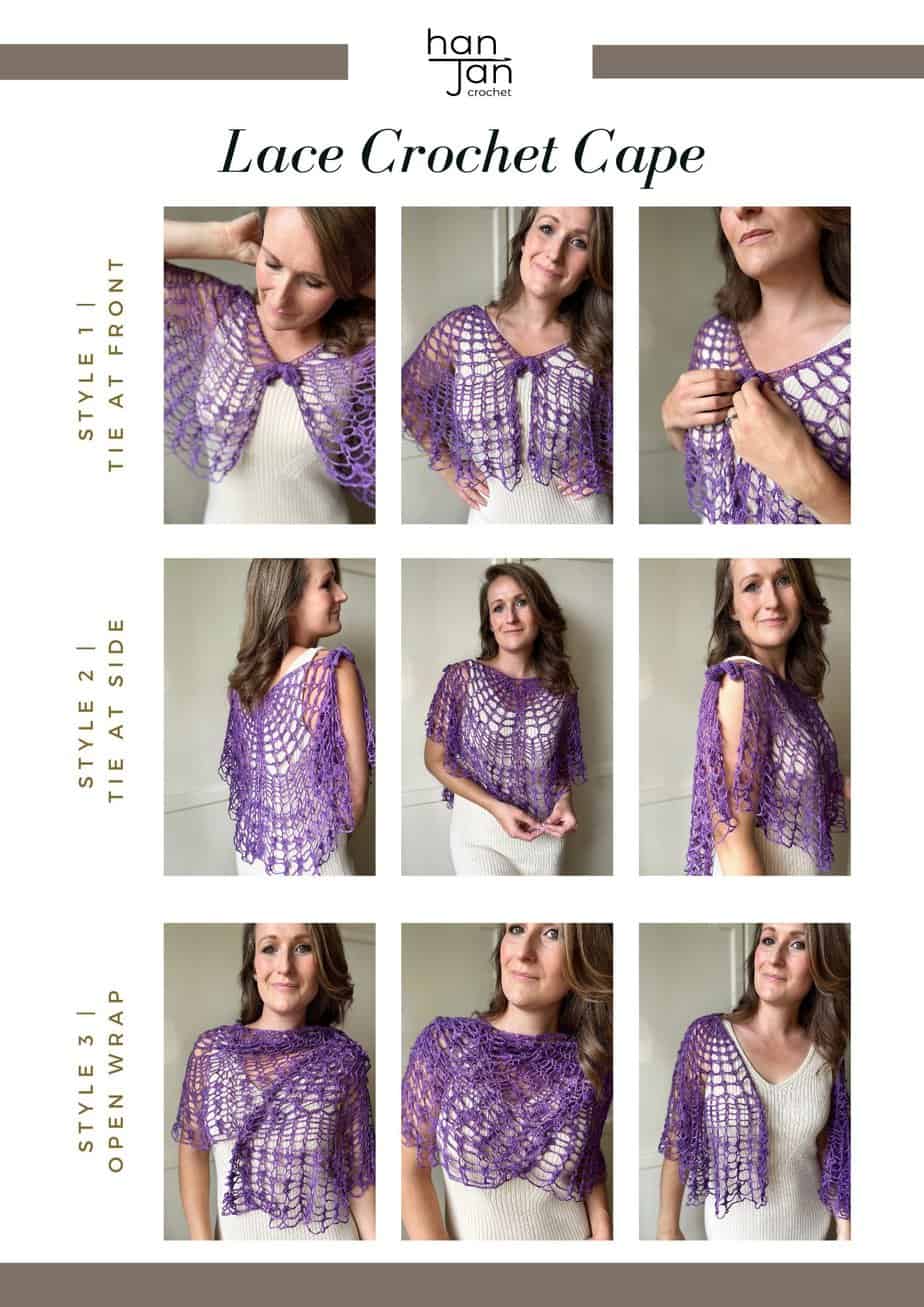 Nine images of woman wearing lace crochet cape pattern in different styles. As a traditional cape, lace crochet top and summer shawl.