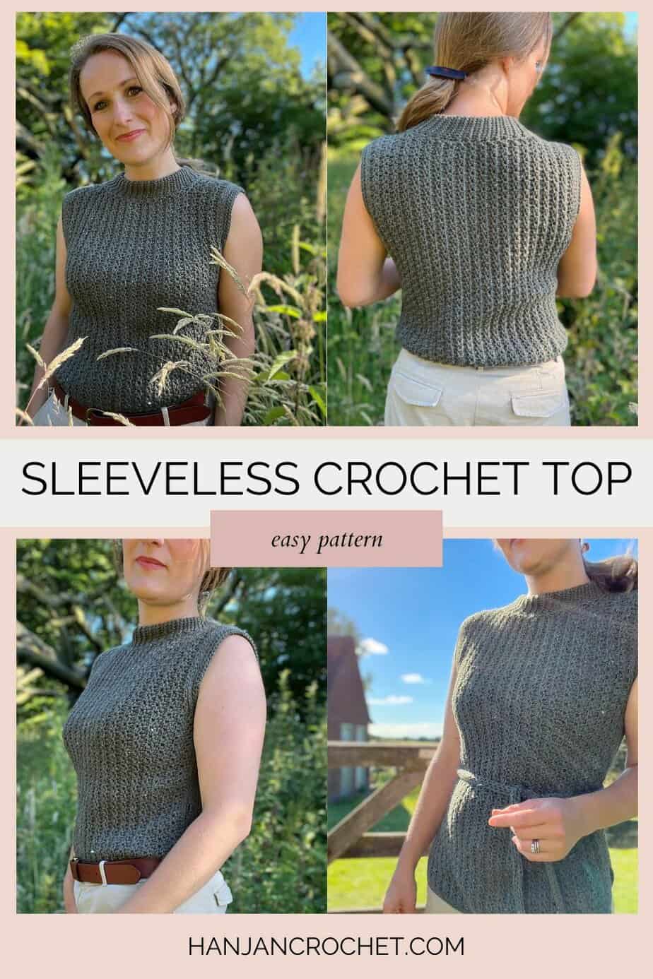Four images of woman wearing tight fitting sleeveless crochet top pattern.