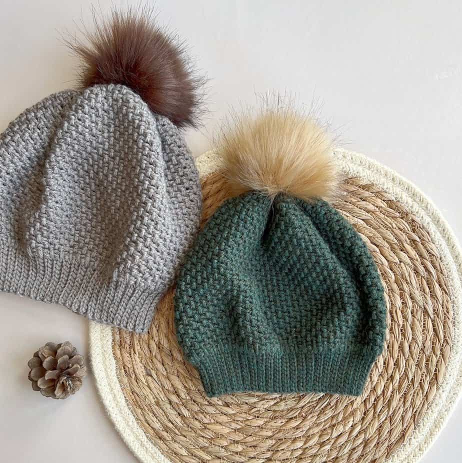 Free winter crochet hat pattern in green and grey with pom poms