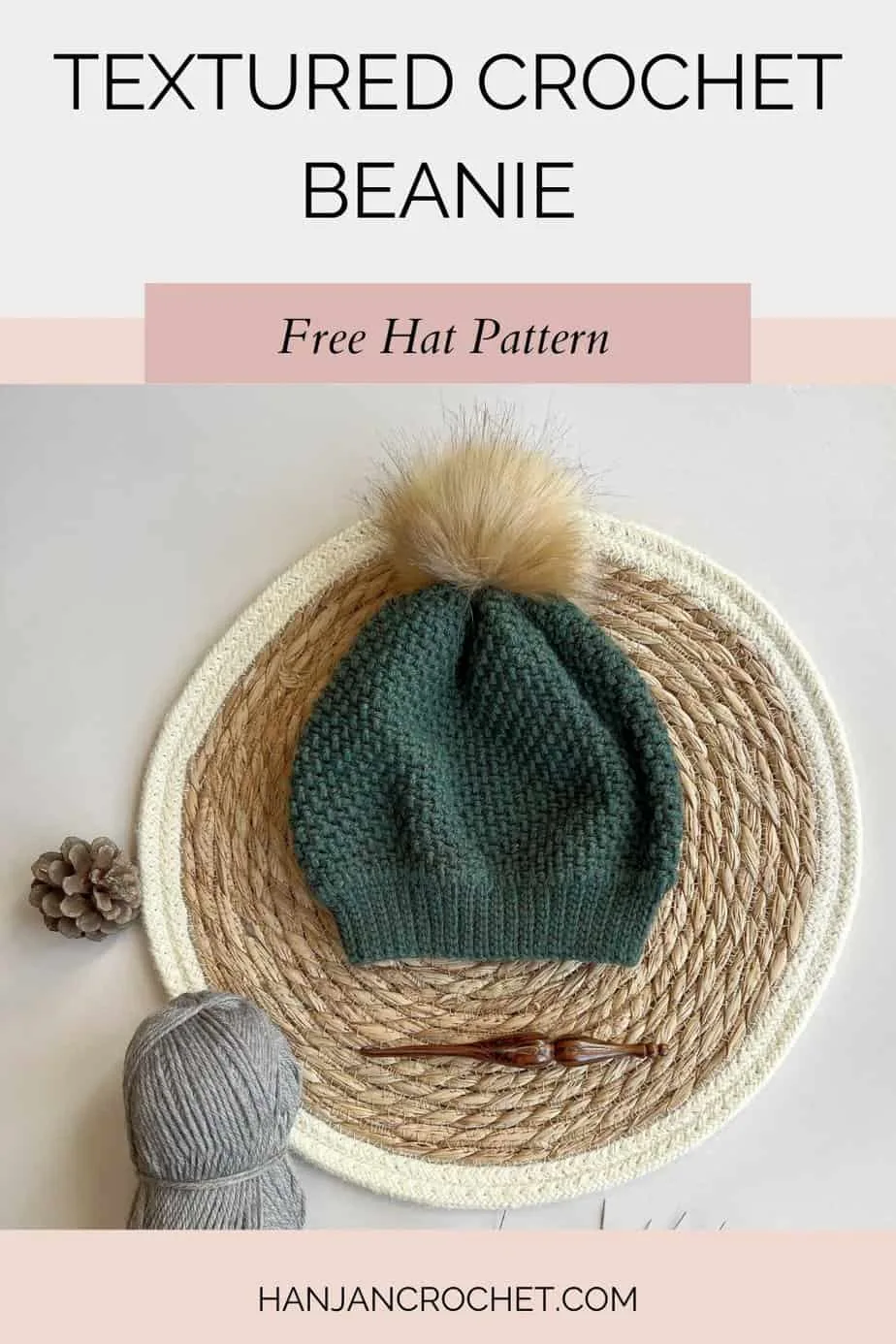 Green crochet crochet hat pattern with faux fur pom pom.