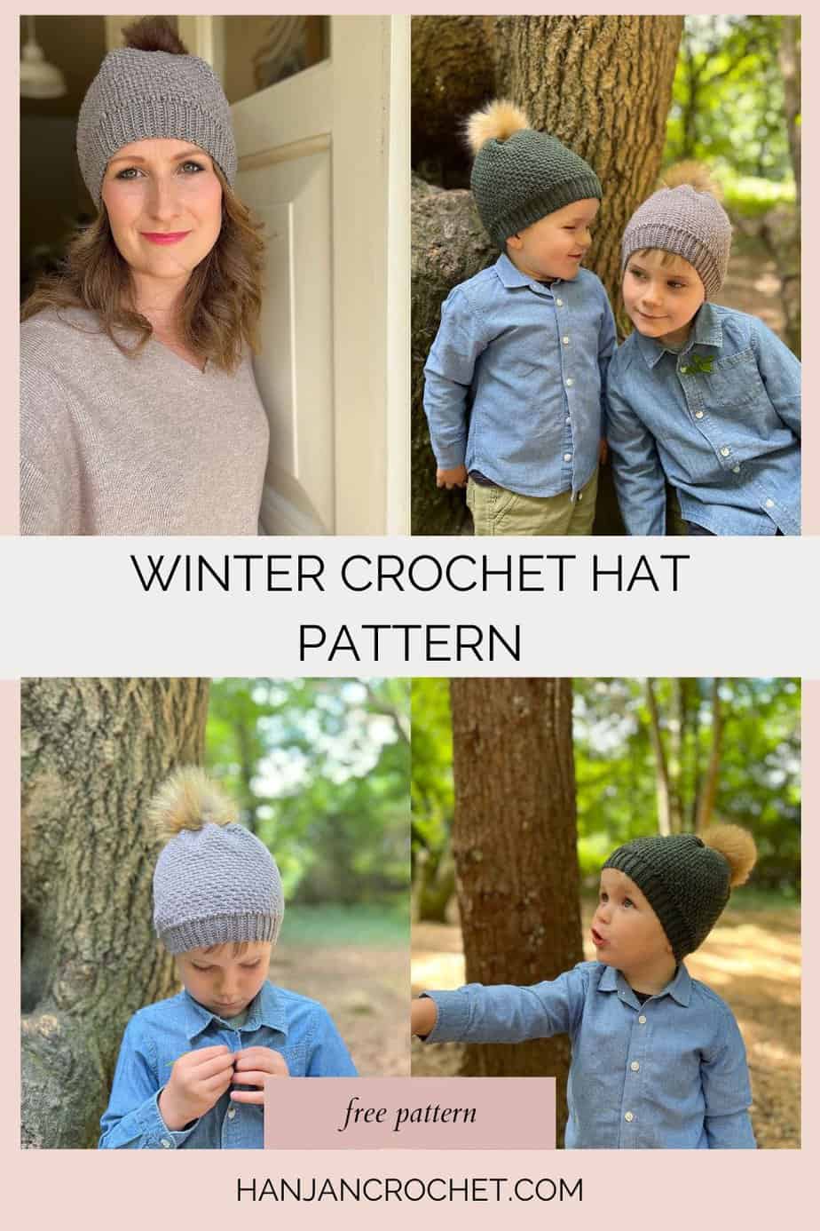 4 images of winter crochet hat pattern with texture and faux fur pom poms.