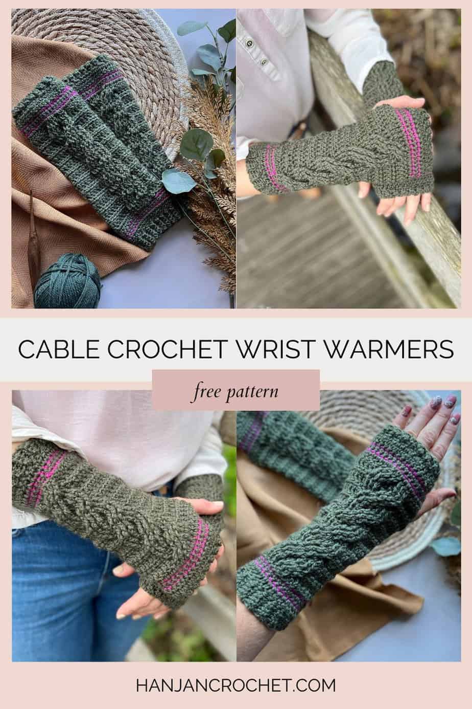 Four images of crochet cable wrist warmer pattern in green and pink.