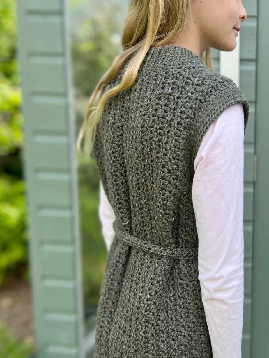 Close up of back of child's crochet vest top pattern.