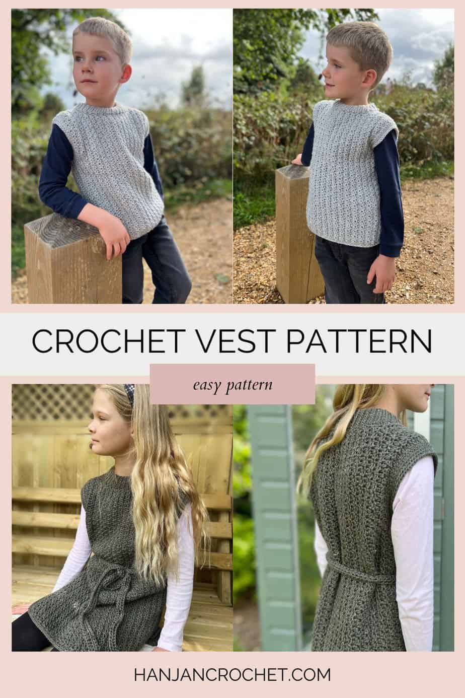 Four images of crochet baby vest pattern in sizes up to age 10 years.
