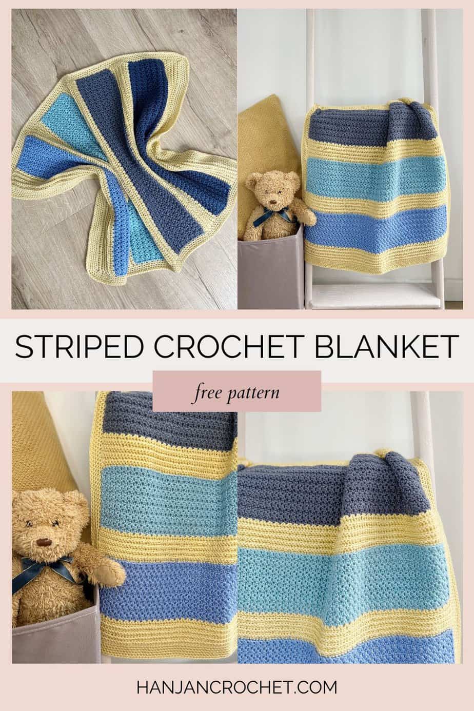 Four images of crochet blanket pattern for boys.