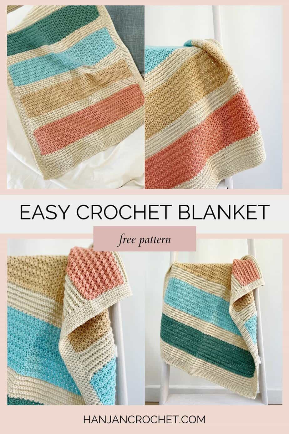 Four images of striped crochet blanket.