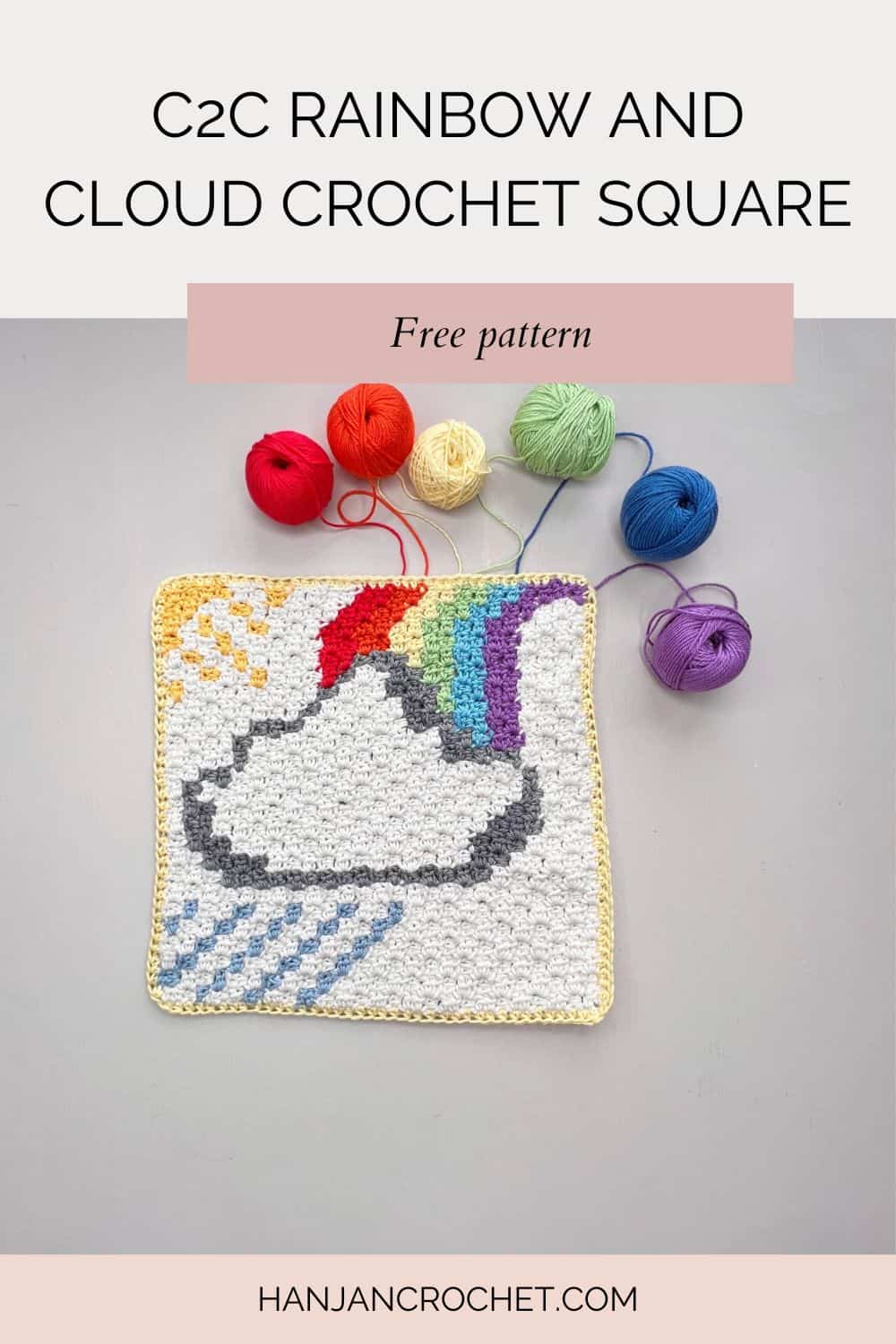 C2C rainbow and cloud crochet square.