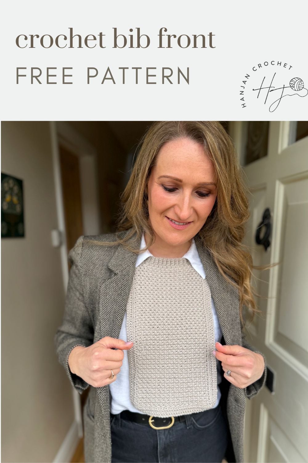 A woman wearing a crochet dickie pattern over a white shirt and blazer stands indoors, looking down and holding the bib with both hands. Text reads "crochet bib front FREE PATTERN.