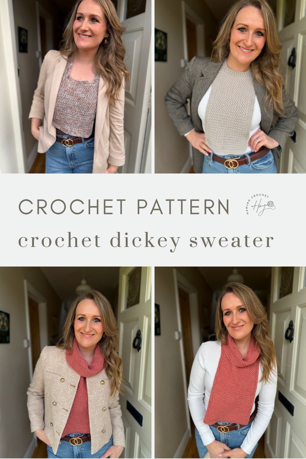 Four images show a woman modeling different crochet dickey sweaters in beige and pink tones over various outfits. The text reads: "Crochet Pattern - crochet dickie pattern sweater.