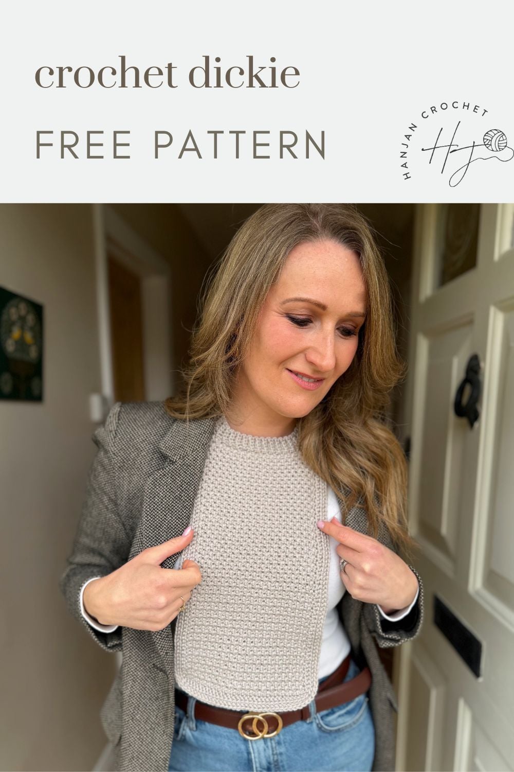 A woman wearing a crocheted dickie over a white top and grey blazer points to the garment, with text above reading "crochet dickie pattern FREE PATTERN.