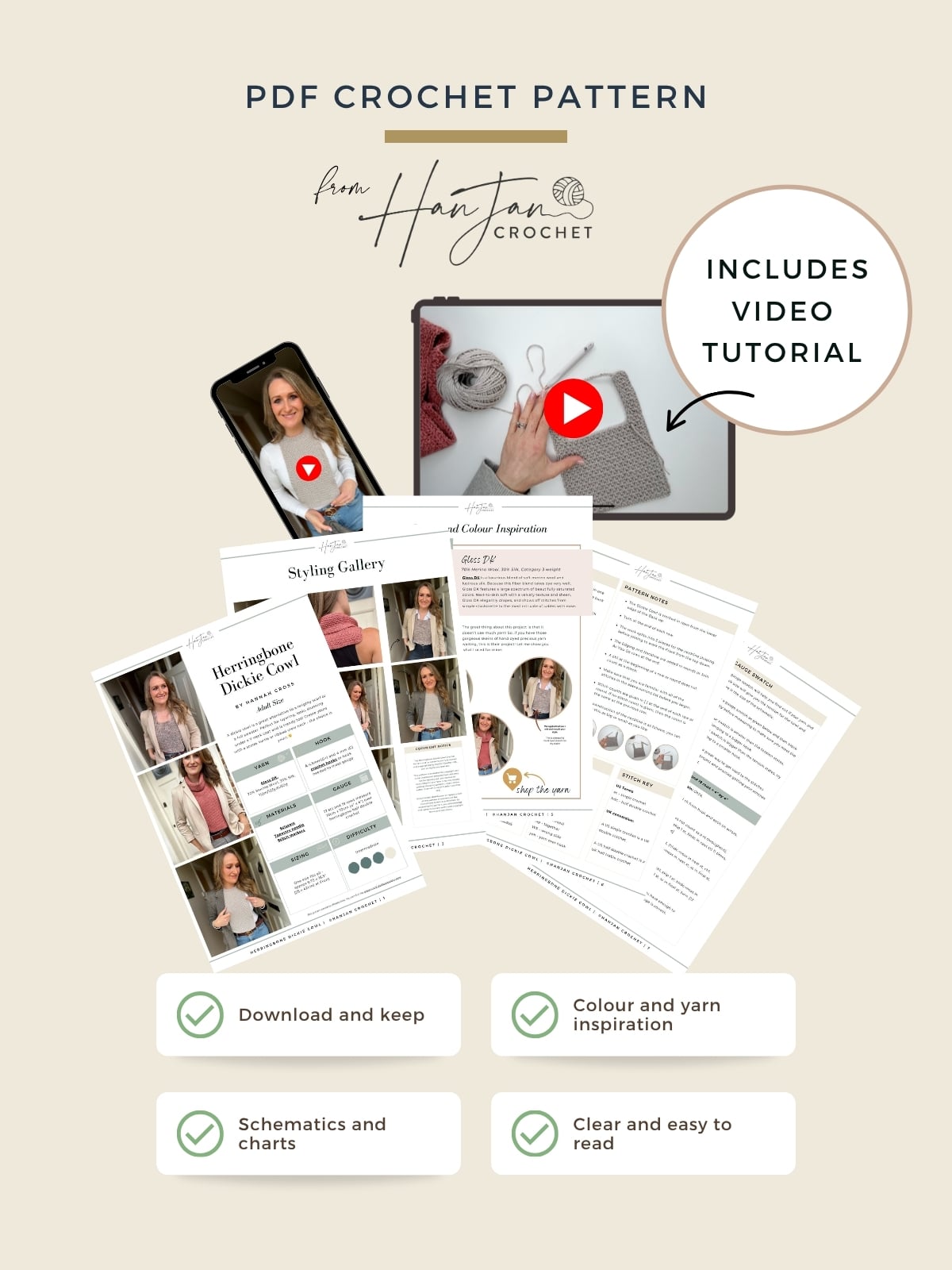 A digital PDF crochet dickie pattern set with photos, step-by-step instructions, video tutorial links, styling ideas, and helpful checklists for features like schematics, color inspiration, and clarity.