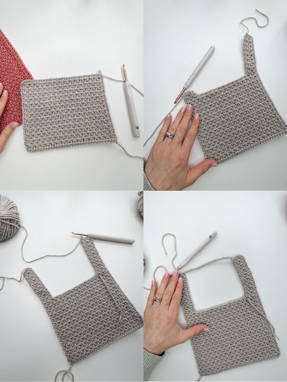Four-step collage showing hands working on a crochet dickie pattern: crocheting a gray rectangular piece, shaping it with two straps and a rectangular opening using a crochet hook and yarn.