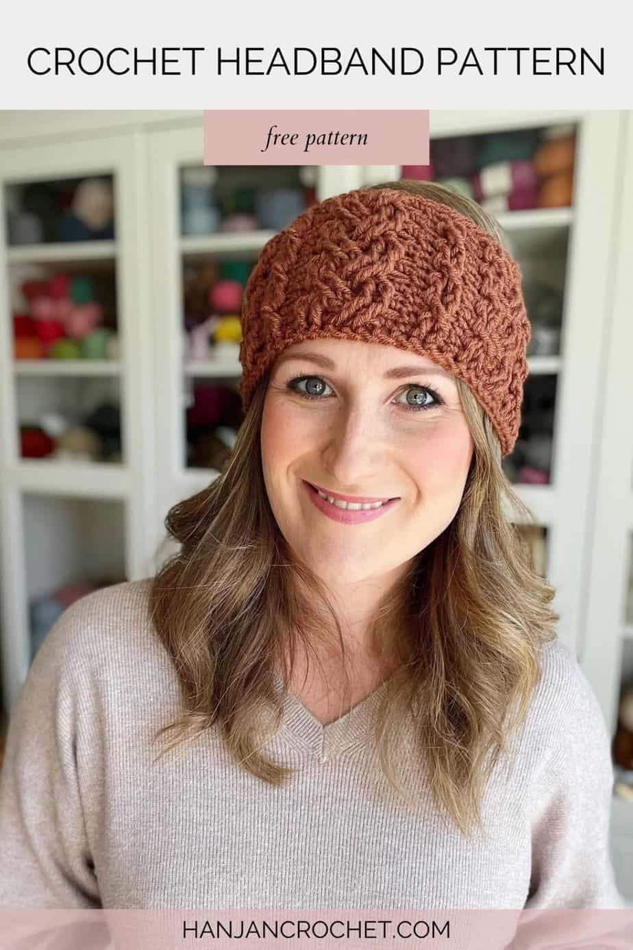 Woman smiling wearing cable crochet headband pattern.